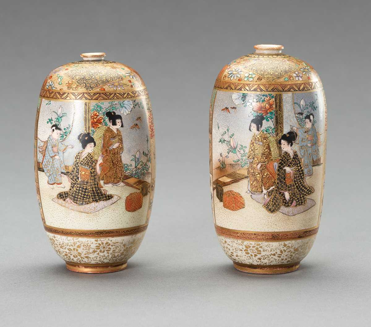 Lot 111 - A PAIR OF SATSUMA ‘AUTUMN’ VASES