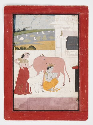 Lot 617 - AN INDIAN MINIATURE PAINTING OF KRISHNA MILKING A COW