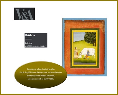 Lot 617 - AN INDIAN MINIATURE PAINTING OF KRISHNA MILKING A COW