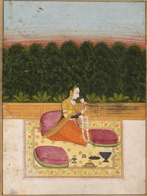 Lot 314 - A MUGHAL MINIATURE PAINTING OF A PRINCESS ON A TERRACE