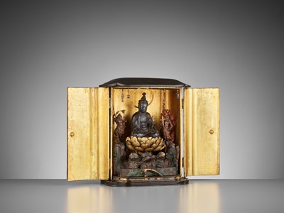 Lot 91 - A LARGE BLACK AND GOLD LACQUERED SHRINE (ZUSHI) WITH KANNON, BISHAMONTEN AND FUDO MYO-O