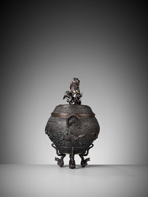 Lot 25 - OSHIMA JOUN: A SUPERB AND LARGE BRONZE KORO AND COVER WITH MYTHICAL BEASTS AND SHISHIMAI MONKEYS