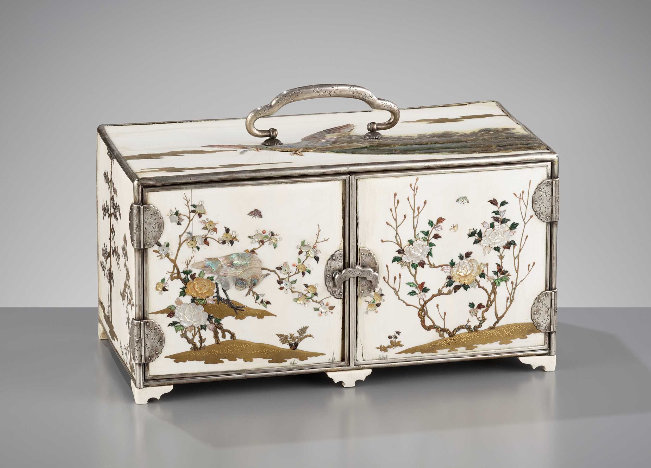 Lot 145 - A SUPERB AND LARGE SHIBAYAMA-INLAID SILVER AND IVORY CABINET