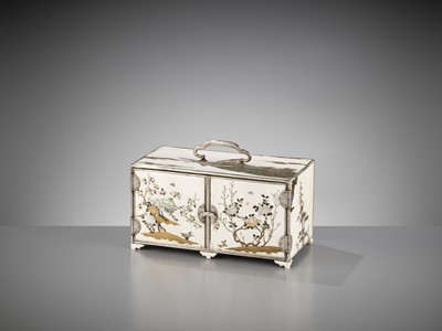 Lot 145 - A SUPERB AND LARGE SHIBAYAMA-INLAID SILVER AND IVORY CABINET