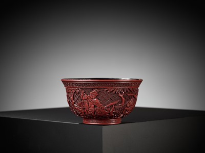 Lot 280 - A RARE RED LACQUER ‘MONGOL HUNT’ BOWL, ATTRIBUTED TO ZHOU ZHU