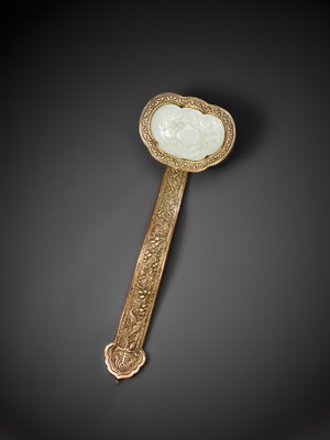 Lot 459 - A LARGE WHITE JADE AND GILT-COPPER RUYI SCEPTER, QING DYNASTY