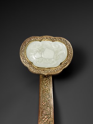 Lot 459 - A LARGE WHITE JADE AND GILT-COPPER RUYI SCEPTER, QING DYNASTY