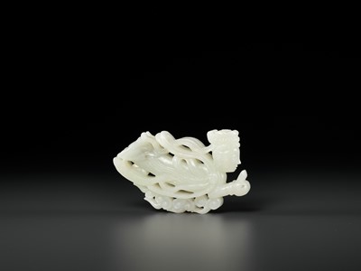 Lot 452 - A WHITE JADE CARVING OF AN APSARA, QING DYNASTY OR EARLIER