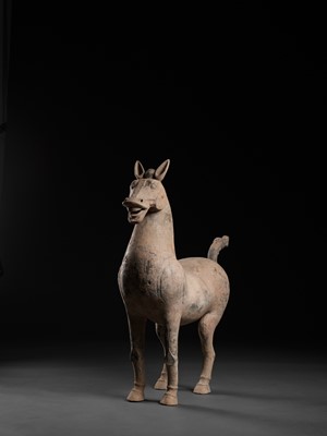 Lot 95 - A MONUMENTAL SICHUAN POTTERY FIGURE OF A HORSE, HAN DYNASTY