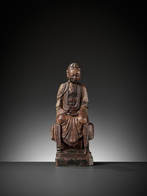 Lot 29 - A CARVED HARDWOOD FIGURE OF BUDDHA, MING DYNASTY