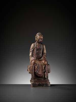 Lot 29 - A CARVED HARDWOOD FIGURE OF BUDDHA, MING DYNASTY