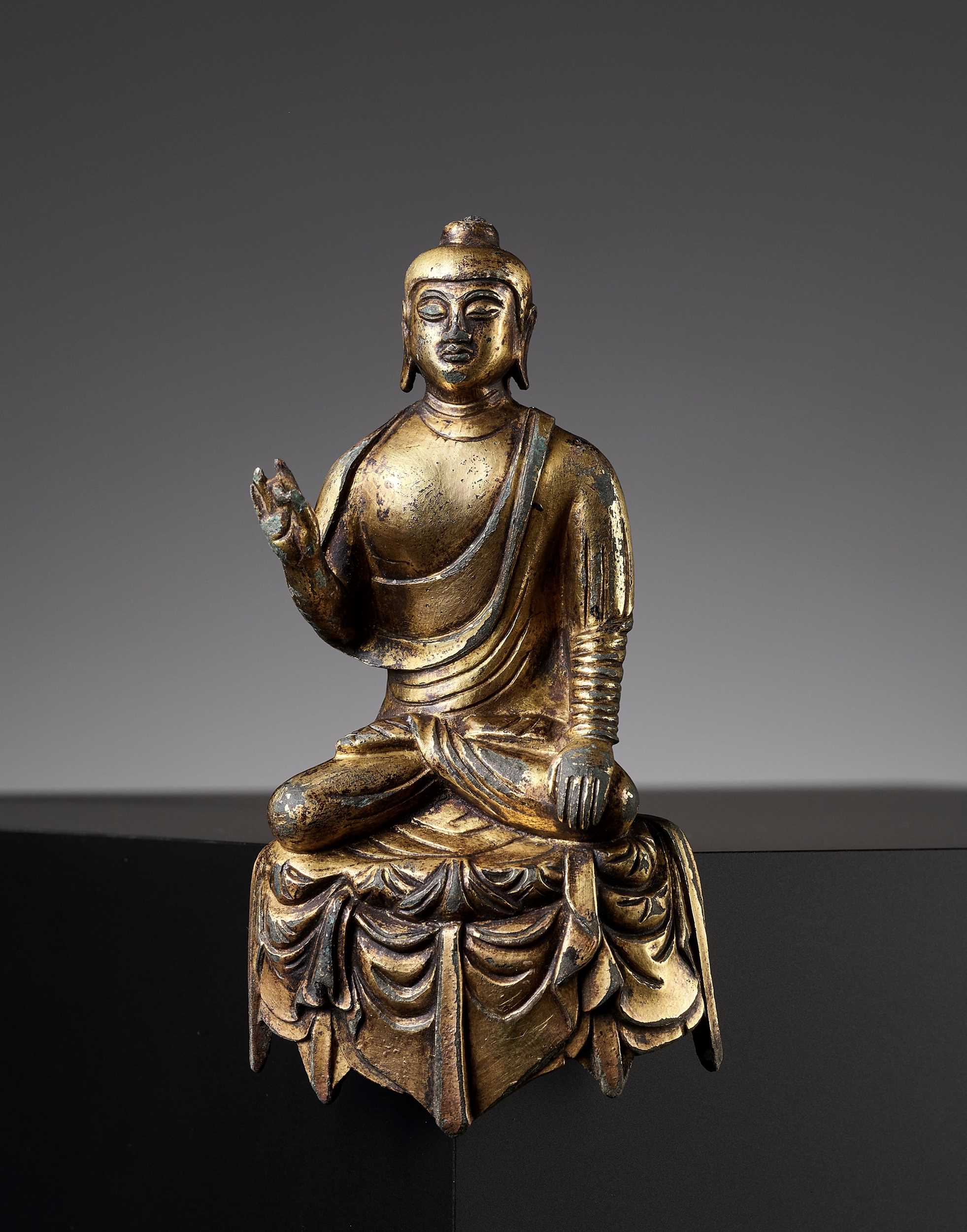 BRONZE FIGURE OF BUDDHA, TANG DYNASTY 唐代罕見銅鎏金佛陀坐像