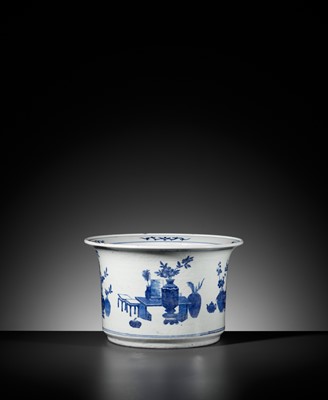 Lot 96 - A BLUE AND WHITE ‘HUNDRED TREASURES’ JARDINIÈRE, QING DYNASTY