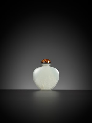 Lot 601 - A PALE CELADON JADE ‘PEONY AND CHRYSANTHEMUM’ SNUFF BOTTLE, POSSIBLY IMPERIAL, 1750-1850