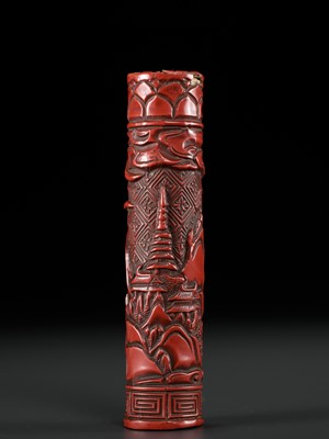 Lot 415 - A CARVED CINNABAR LACQUER ‘SCHOLARS’ BRUSH AND COVER, LATE MING DYNASTY