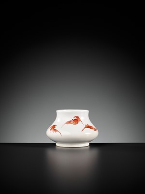Lot 506 - AN EXCEPTIONALLY RARE IRON-RED ENAMELED ‘WUFU’ WATERPOT, QIANLONG MARK AND PERIOD