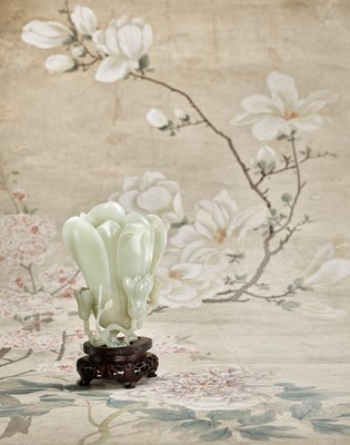 Lot 448 - A SUPERB PALE CELADON JADE ‘MAGNOLIA’ VASE, 18TH CENTURY