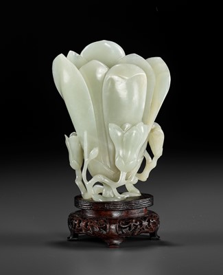 Lot 448 - A SUPERB PALE CELADON JADE ‘MAGNOLIA’ VASE, 18TH CENTURY