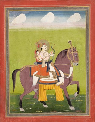 Lot 1325 - AN INDIAN MINIATURE PAINTING OF A RULER HUNTING ON HORSEBACK
