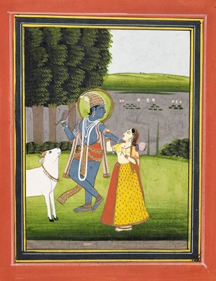 Lot 945 - AN INDIAN MINIATURE PAINTING OF KRISHNA AND RADHA BY THE YAMUNA RIVER