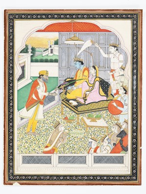 Lot 1336 - AN INDIAN MINIATURE PAINTING OF MAHARAJA GULAB SINGH (1792-1857) WORSHIPPING RAMA AND SITA