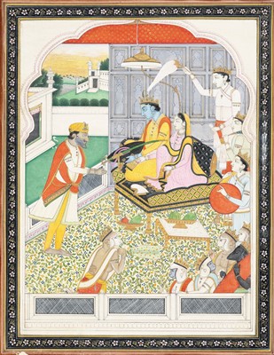 Lot 1336 - AN INDIAN MINIATURE PAINTING OF MAHARAJA GULAB SINGH (1792-1857) WORSHIPPING RAMA AND SITA