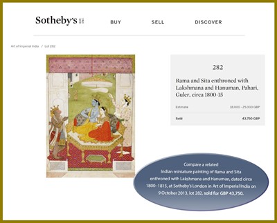 Lot 1336 - AN INDIAN MINIATURE PAINTING OF MAHARAJA GULAB SINGH (1792-1857) WORSHIPPING RAMA AND SITA