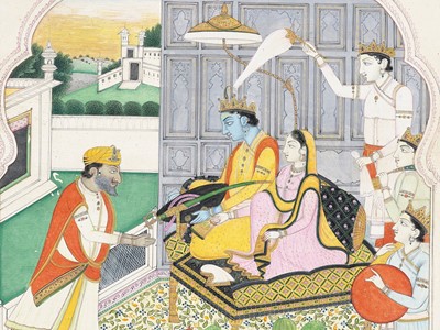 Lot 1336 - AN INDIAN MINIATURE PAINTING OF MAHARAJA GULAB SINGH (1792-1857) WORSHIPPING RAMA AND SITA