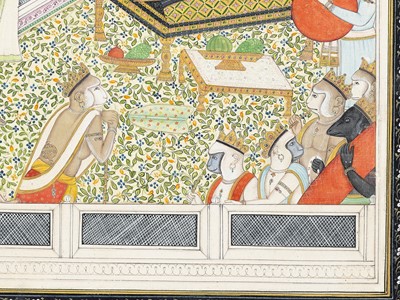 Lot 1336 - AN INDIAN MINIATURE PAINTING OF MAHARAJA GULAB SINGH (1792-1857) WORSHIPPING RAMA AND SITA