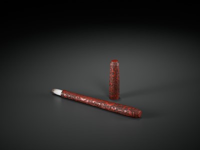 Lot 414 - A LARGE WOOD AND RED LACQUER ‘LINGZHI’ BRUSH AND COVER, MING DYNASTY