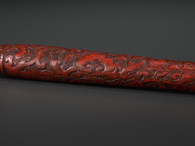 Lot 414 - A LARGE WOOD AND RED LACQUER ‘LINGZHI’ BRUSH AND COVER, MING DYNASTY