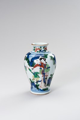 Lot 876 - A PORCELAIN ‘WUCAI’ VASE WITH LADIES AND BOYS IN ROCKY LANDSCAPE
