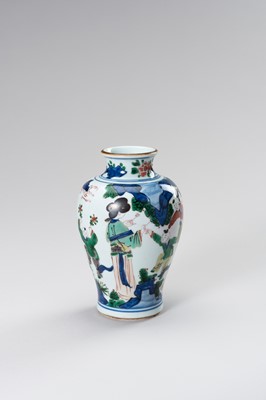 Lot 876 - A PORCELAIN ‘WUCAI’ VASE WITH LADIES AND BOYS IN ROCKY LANDSCAPE