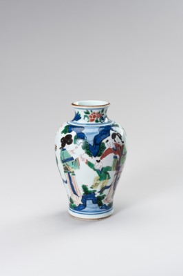 Lot 876 - A PORCELAIN ‘WUCAI’ VASE WITH LADIES AND BOYS IN ROCKY LANDSCAPE