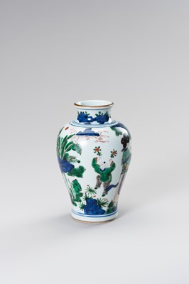 Lot 876 - A PORCELAIN ‘WUCAI’ VASE WITH LADIES AND BOYS IN ROCKY LANDSCAPE