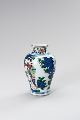 Lot 876 - A PORCELAIN ‘WUCAI’ VASE WITH LADIES AND BOYS IN ROCKY LANDSCAPE