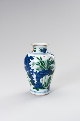 Lot 876 - A PORCELAIN ‘WUCAI’ VASE WITH LADIES AND BOYS IN ROCKY LANDSCAPE