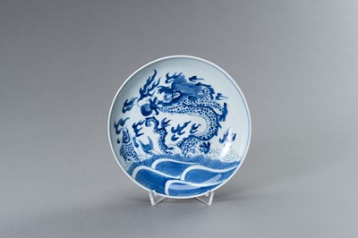 Lot 878 - A SMALL BLUE AND WHITE PORCELAIN ‘DRAGON’ PLATE