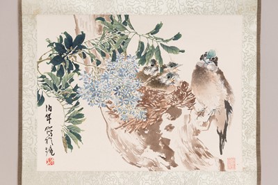 Lot 411 - A SCROLL WITH PRINT AFTER REN YI ‘BIRD WITH YOUNG’