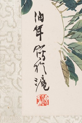 Lot 411 - A SCROLL WITH PRINT AFTER REN YI ‘BIRD WITH YOUNG’