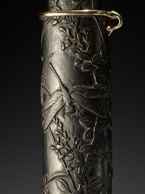 Lot 368 - A FINE CARVED EBONY WOOD KISERUZUTSU WITH INSECTS AND FLOWERS