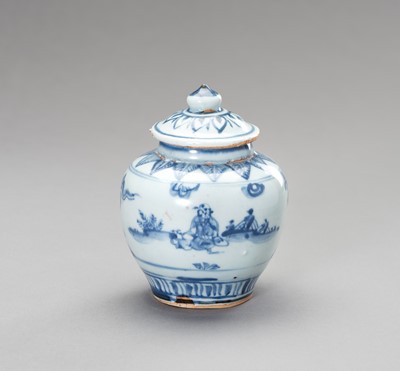 Lot 724 - A BLUE AND WHITE ‘IMMORTALS’ JAR, LATE MING TO TRANSITIONAL PERIOD