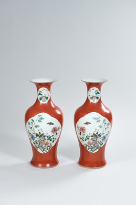 Lot 854 - A VERY LARGE PAIR OF CORAL-GROUND PORCELAIN BALUSTER VASES