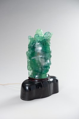 Lot 214 - A VERY LARGE GREEN AMETHYST HEAD OF GUANYIN MOUNTED AS A LAMP