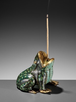 Lot 272 - A CLOISONNÉ ENAMEL INCENSE STICK-HOLDER IN THE FORM OF A TOAD, MID-QING DYNASTY