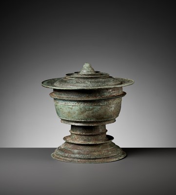 Lot 291 - A KHMER BRONZE FOOTED BOWL AND COVER, ANGKOR PERIOD