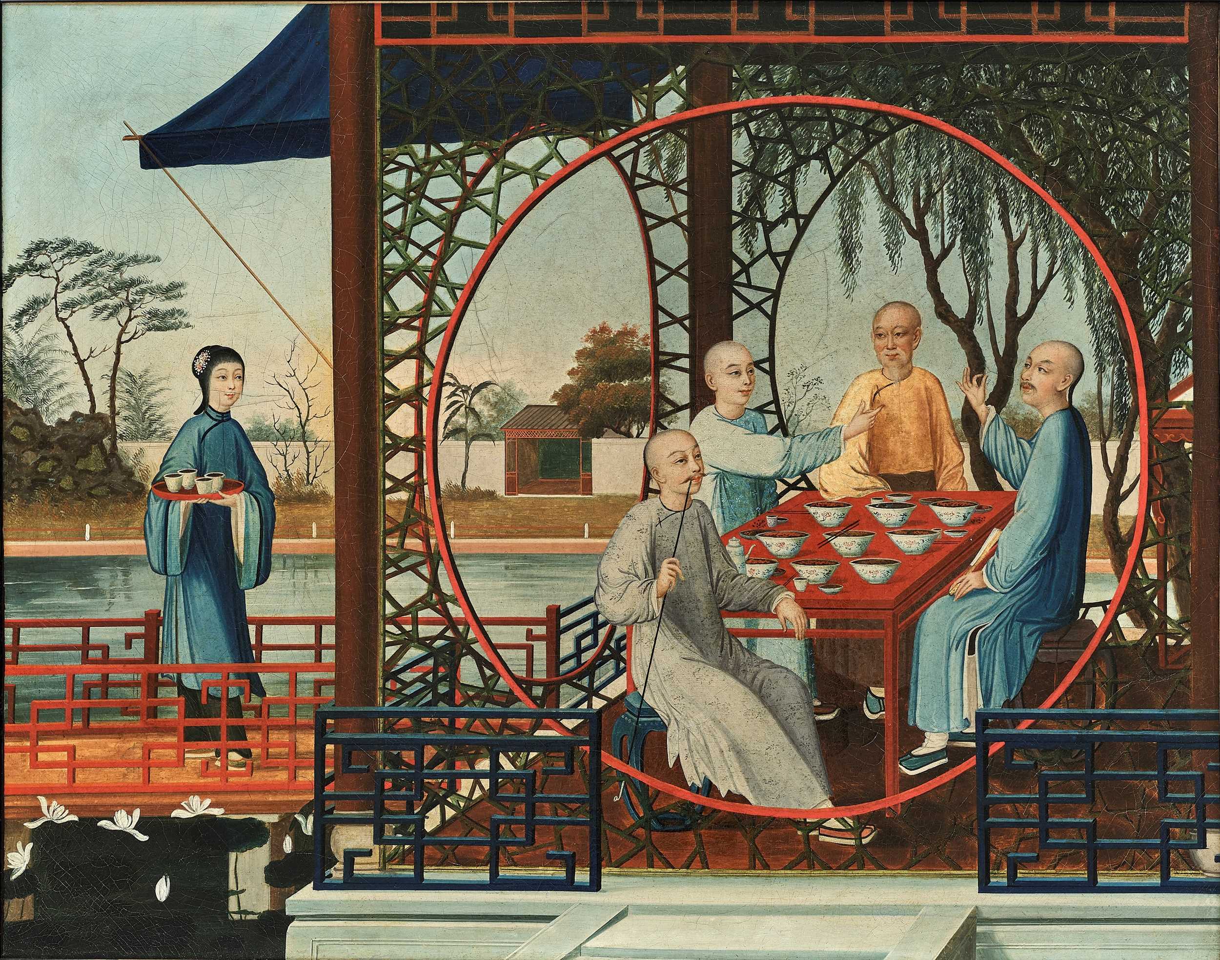 Lot 195 - ‘A RELAXING DINNER’, OIL ON CANVAS, CHINESE SCHOOL, QING DYNASTY