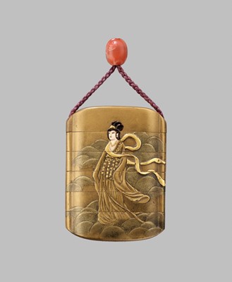 Lot 621 - KIROKU: A CERAMIC-INLAID GOLD LACQUER FIVE-CASE INRO DEPICTING A TENNYO (HEAVENLY MAIDEN)