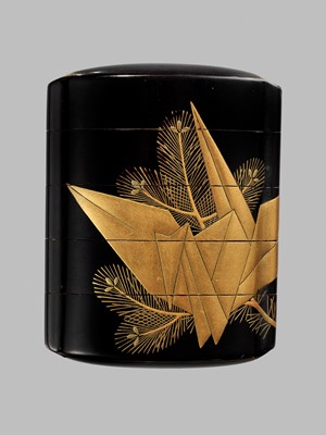 Lot 350 - A BLACK AND GOLD LACQUER FOUR-CASE INRO WITH NEW YEAR MOTIFS