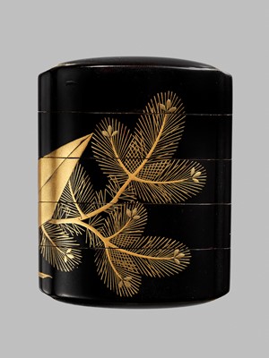 Lot 350 - A BLACK AND GOLD LACQUER FOUR-CASE INRO WITH NEW YEAR MOTIFS